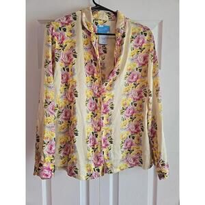 Vtg Nick & Nora 100% Silk Sleep Wear Button Down Womens sz m floral rose Yellow